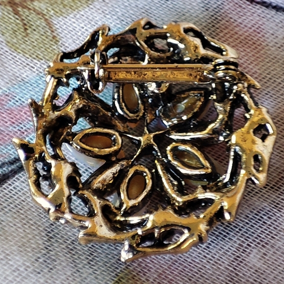 Pink Fire Opal? Seed Pearls Faux Garnet stone Gold Rhodium Plate Vintage Brooch - Picture 2 of 7